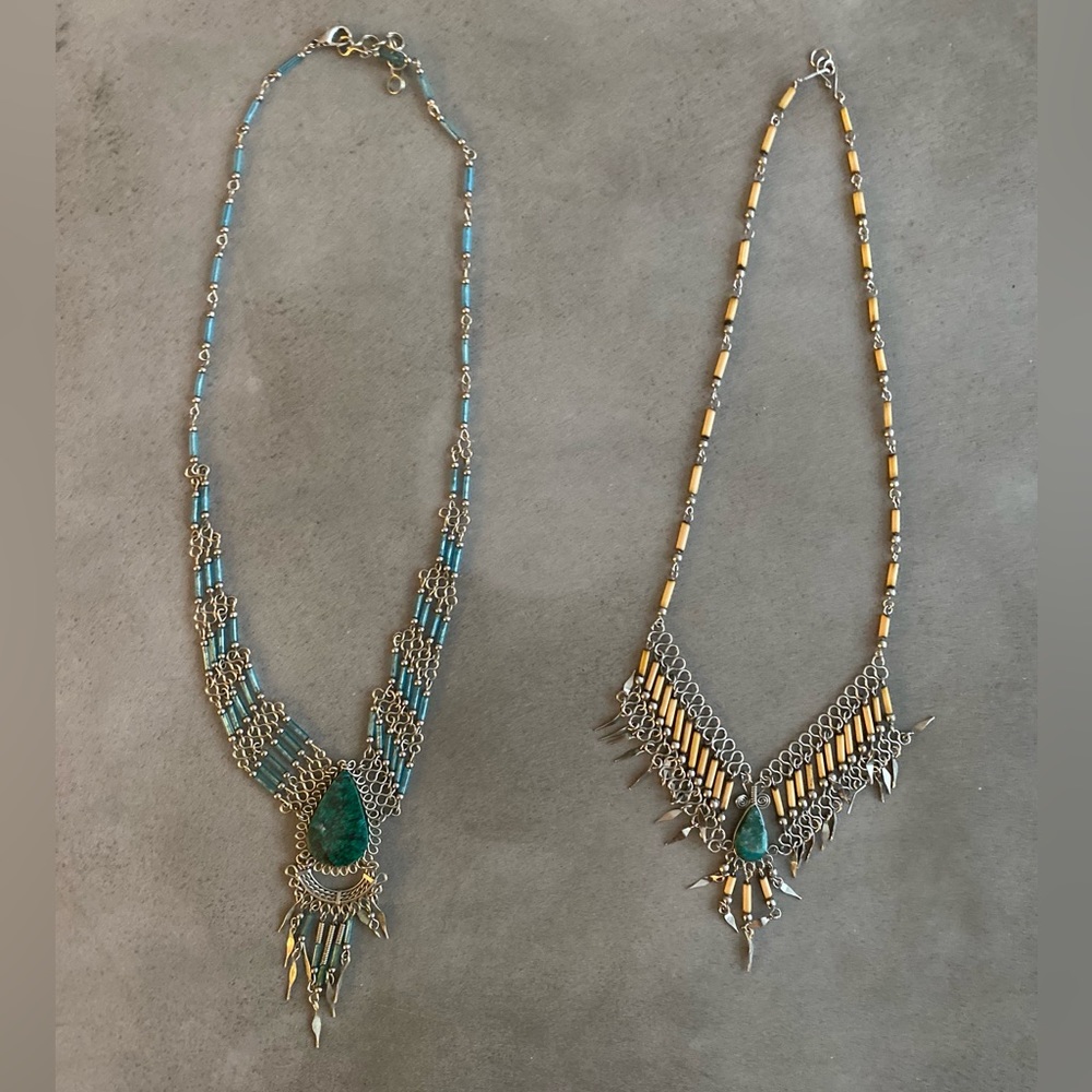 Set of 2 Necklaces Handmade in Mexico Artisan Jewelry Silver Turquoise Necklaces